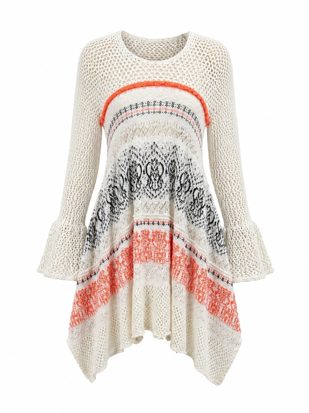 Anthropologie Sleeping On Snow   Boho Crochet Tunic with Coral and Black Accents